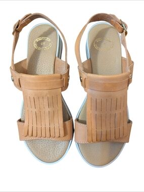 Greek Artisan Crafted Leather Tan Fringe Slingback Sandals, NWOT